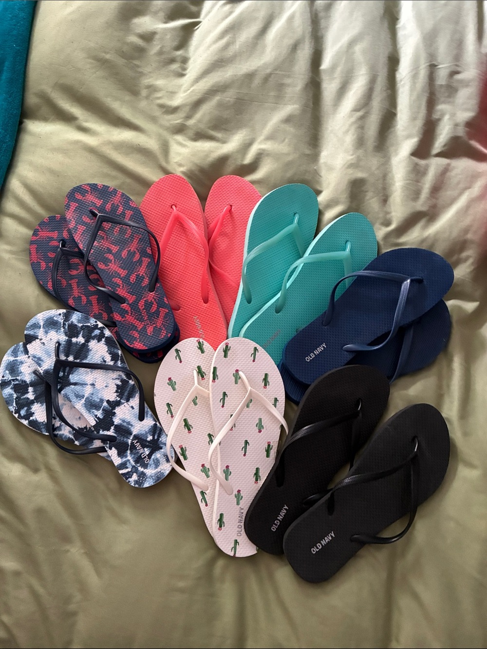 Old Navy Women's Flip Flop Bundle - Coral, Teal, Navy, Black, Pink, Patterned